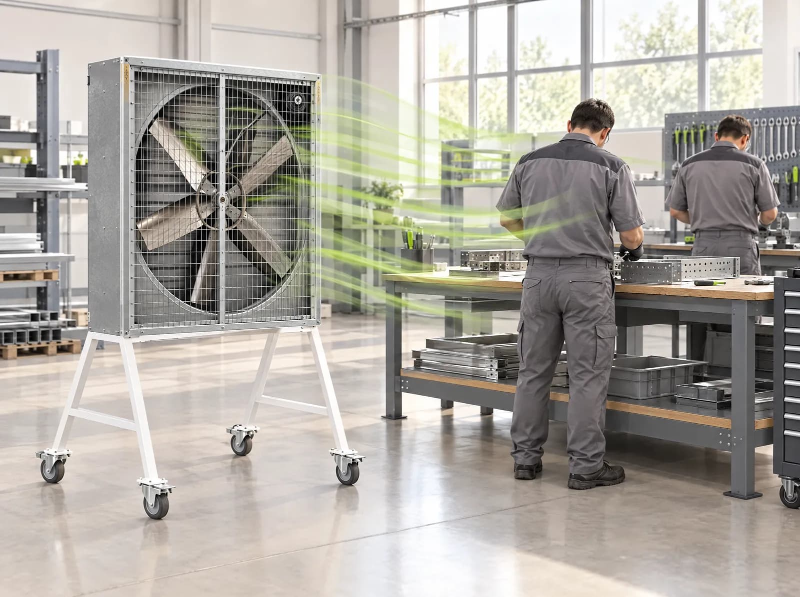 MERFAN fan on a stand cooling workers in a workshop