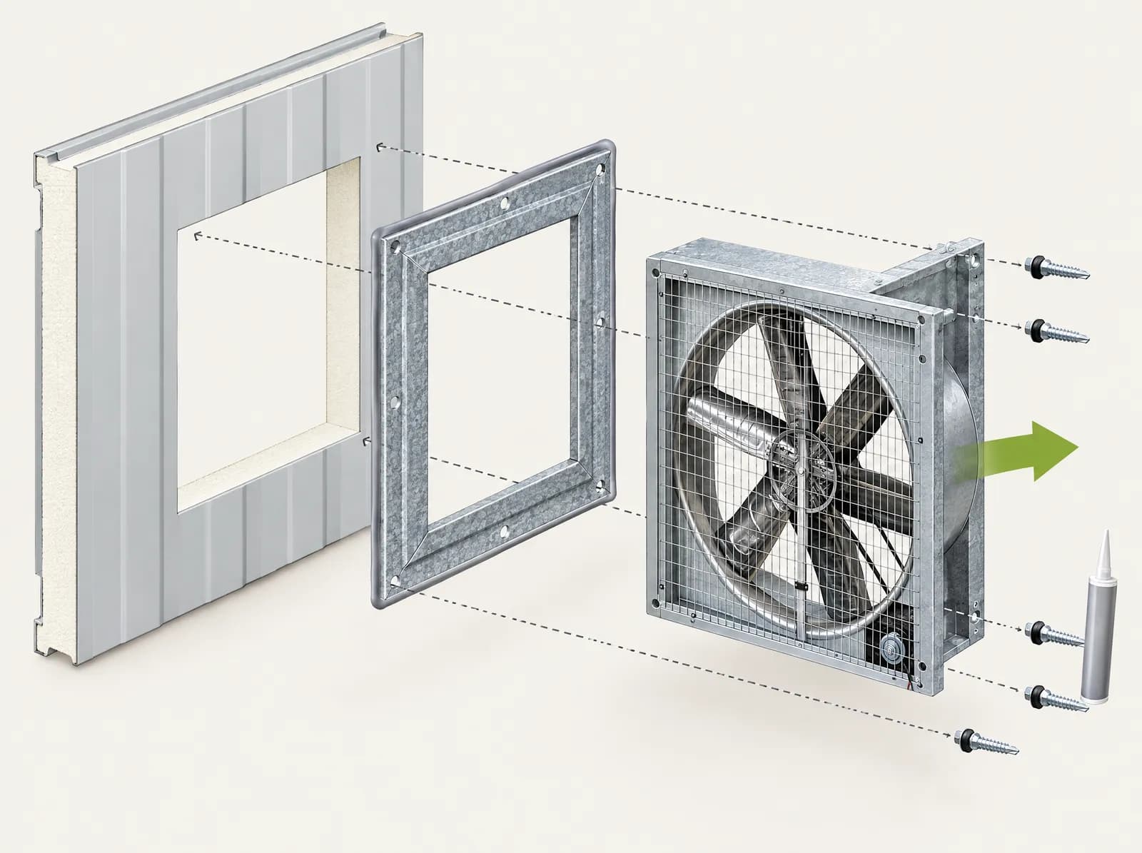 MERFAN exhaust fans flush-mounted in a sandwich-panel wall — factory and warehouse